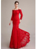 Off Shoulder Red Lace Tulle Corset Back Formal Evening Dress